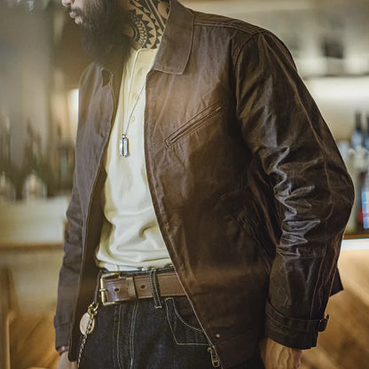VIGEDON | Veste vintage pour homme en toile cirée - modèle IV avec fermeture éclair et col à revers, coupe courte, coupe cintrée pour le printemps et l'automne