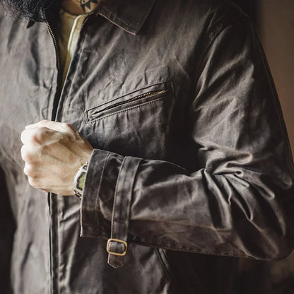 VIGEDON | Veste vintage pour homme en toile cirée - modèle IV avec fermeture éclair et col à revers, coupe courte, coupe cintrée pour le printemps et l'automne