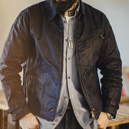 VIGEDON | Veste vintage pour homme en toile cirée - modèle IV avec fermeture éclair et col à revers, coupe courte, coupe cintrée pour le printemps et l'automne