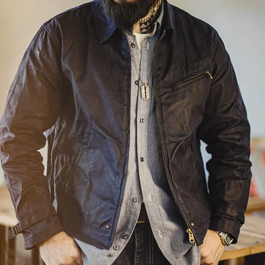 VIGEDON | Veste vintage pour homme en toile cirée - modèle IV avec fermeture éclair et col à revers, coupe courte, coupe cintrée pour le printemps et l'automne