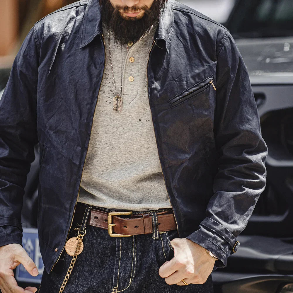 VIGEDON | Veste vintage pour homme en toile cirée - modèle IV avec fermeture éclair et col à revers, coupe courte, coupe cintrée pour le printemps et l'automne